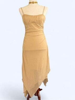 Vintage Y2K Ruby Rox Asymmetric Spaghetti-Strap Dress in Tan
